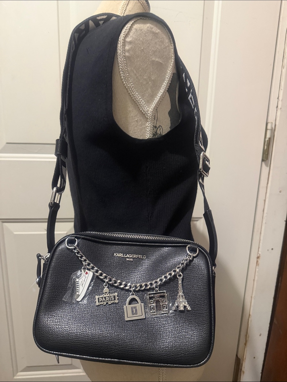 New Karl Lagerfeld Black Crossbody with Paris Charm Chain